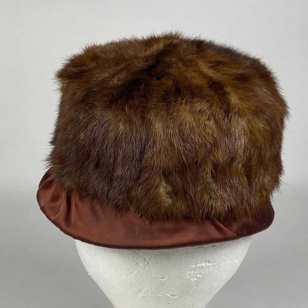 Vintage Genuine Brown Fur Cloche Pillbox Hat Satin Base Floral Lining Unbranded